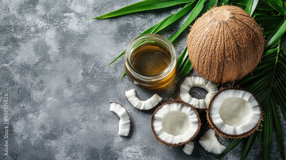 Coconut oil, pieces of coconut, and palm leaves. This image is perfect for beauty, health, or cooking blogs and websites. Coconut oil, pieces of coconut, and palm leaves. This image is perfect for beauty, health, or cooking blogs and websites.