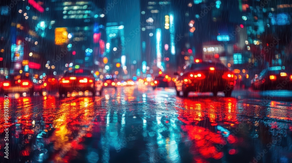 Obraz premium Night cityscape with car lights and reflections