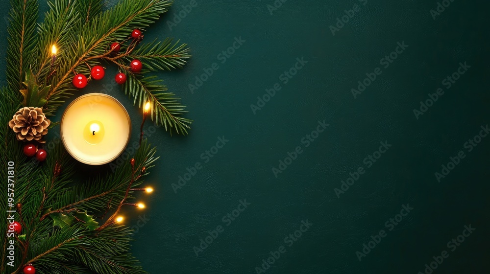 A festive arrangement of lit candles, pine branches, and holly berries creates a warm, inviting atmosphere perfect for Christmas celebrations A festive arrangement of lit candles, pine branches, and holly berries creates a warm, inviting atmosphere perfect for Christmas celebrations