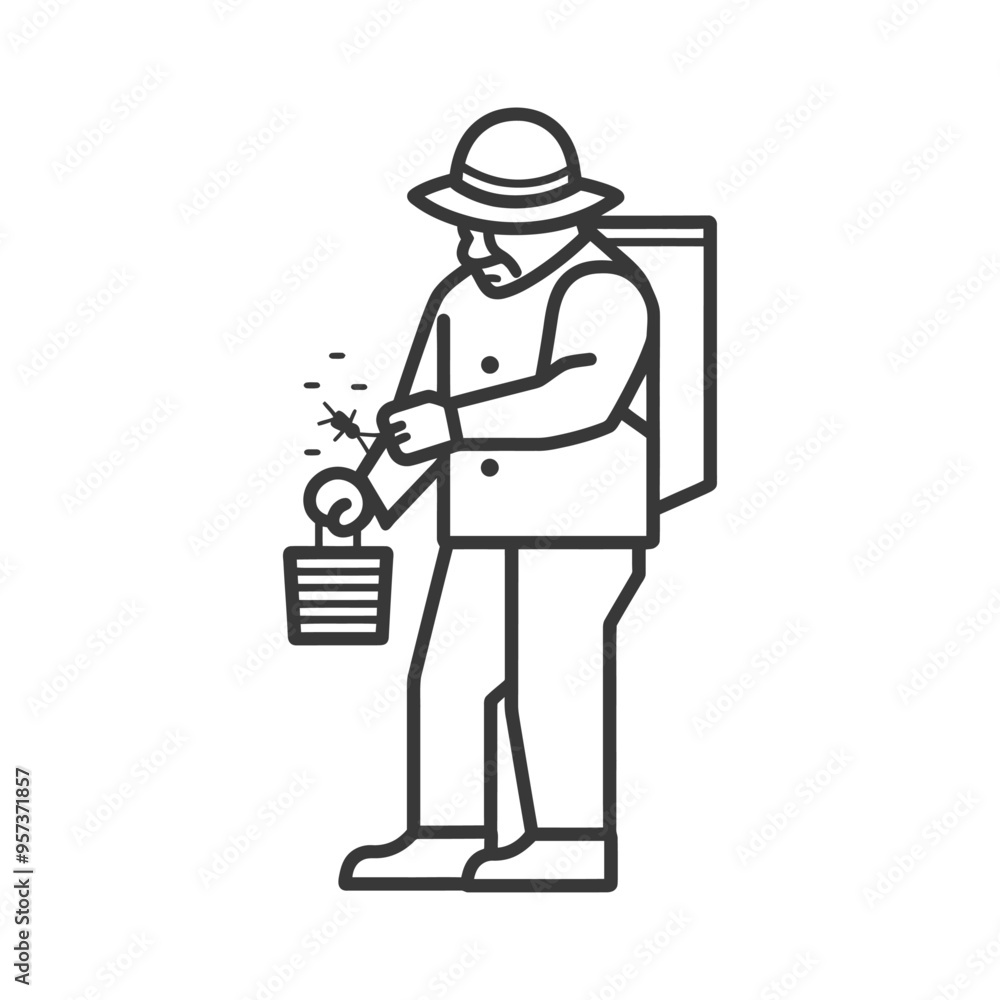 A man in a hat and backpack is swatting at insects A man in a hat and backpack is swatting at insects