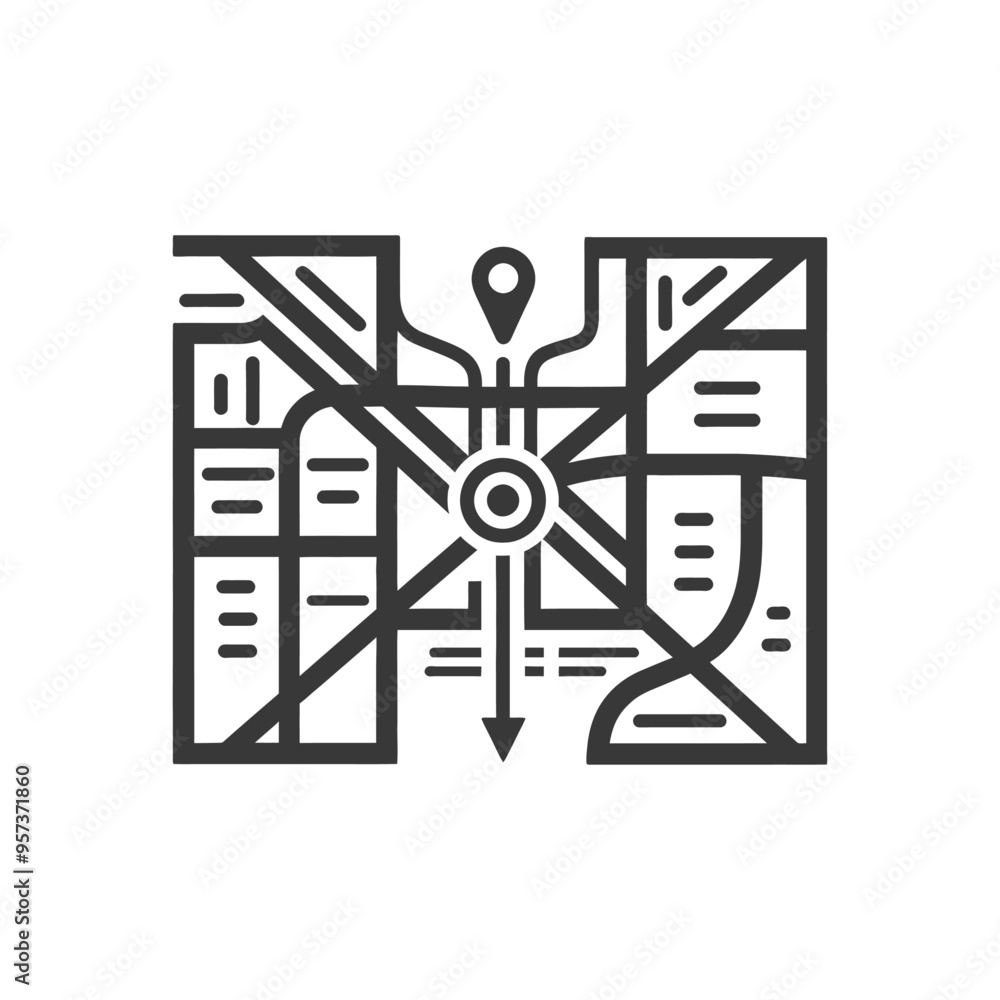 A stylized city map with a pin an arrow and street lines A stylized city map with a pin an arrow and street lines