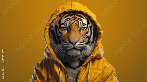 Tiger in human trendy fashionable clothes. Neural network ai generated art photo