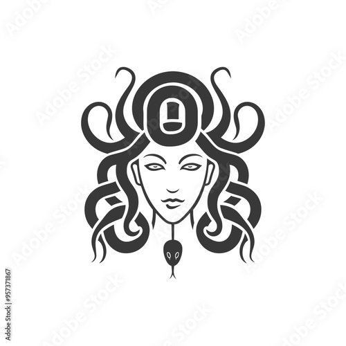 A stylized depiction of Medusa a Gorgon with snakes for hair looking straight ahead