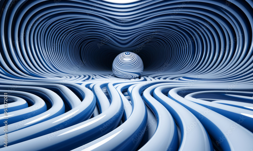 Abstract blue tunnel with smooth curves and central sphere creating a hypnotic visual effect Abstract blue tunnel with smooth curves and central sphere creating a hypnotic visual effect