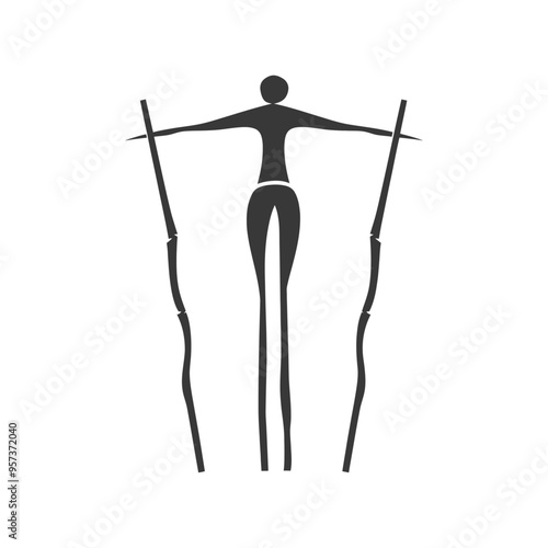 A stylized silhouette of a person standing on stilts