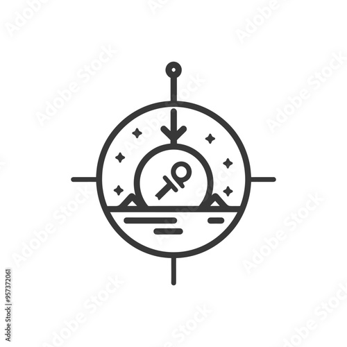 A stylized representation of an ankh symbol within a circle with mountains stars and a arrow