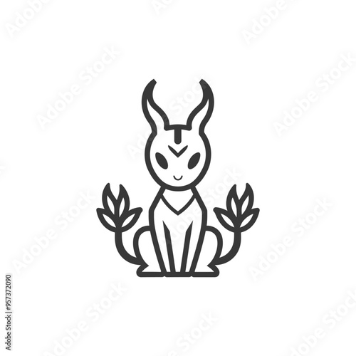 A stylized sitting creature with horns and plant like appendages