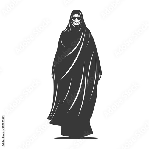 A woman in a black abaya and sunglasses standing in front of a white background