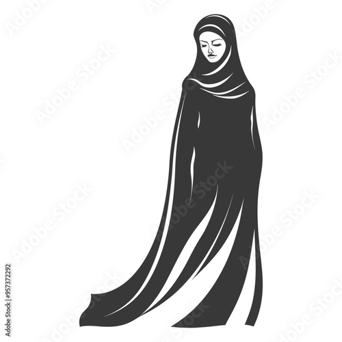 A woman in a black abaya and hijab standing with her head bowed