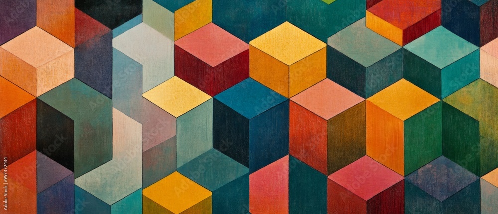 A colorful abstract painting of squares and rectangles A colorful abstract painting of squares and rectangles