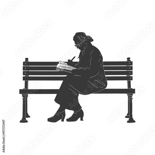 A Woman Sitting on a Bench and Writing in a Book