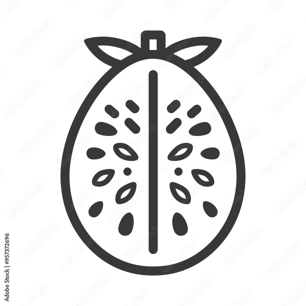 Black and white line drawing of a halved passion fruit Black and white line drawing of a halved passion fruit