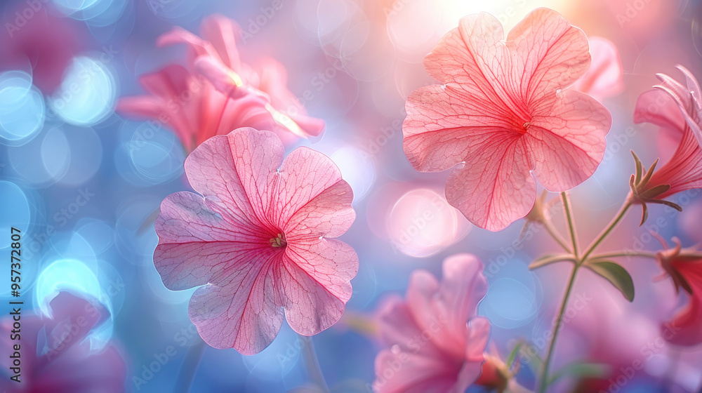 Close-up of delicate pink petunias bathed in soft, dreamy light, with a vibrant bokeh background of blue and pink hues.