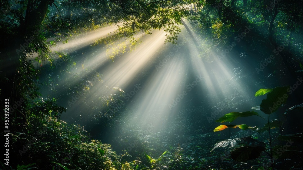 Dark rainforest, sun rays through the trees, rich jungle greenery Dark rainforest, sun rays through the trees, rich jungle greenery