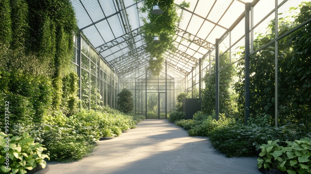 A greenhouse with green plants and a walkway. Perfect for websites, articles, and social media posts about gardening, nature, and sustainability. A greenhouse with green plants and a walkway. Perfect for websites, articles, and social media posts about gardening, nature, and sustainability.
