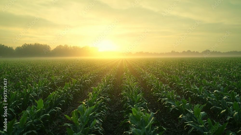 A golden cornfield bathed in twilight light as the sun filters through cloudy skies and casts a warm glow over the horizon A golden cornfield bathed in twilight light as the sun filters through cloudy skies and casts a warm glow over the horizon