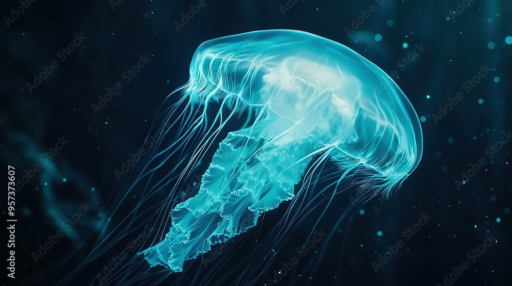 A macro shot of a translucent jellyfish bobbing in water, with air pockets beneath its dome A macro shot of a translucent jellyfish bobbing in water, with air pockets beneath its dome