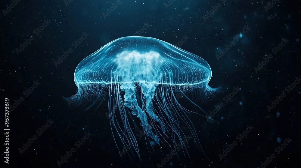A close-up of a jellyfish swimming in the night with a bright light illuminating its head A close-up of a jellyfish swimming in the night with a bright light illuminating its head