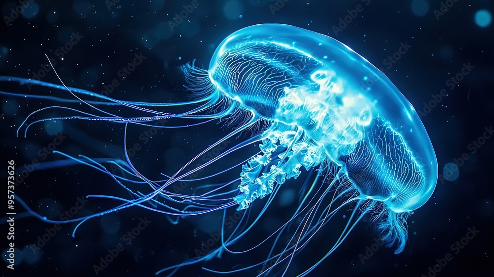   sharp image of a jellyfish on a black background, with the focus on its unique features and details