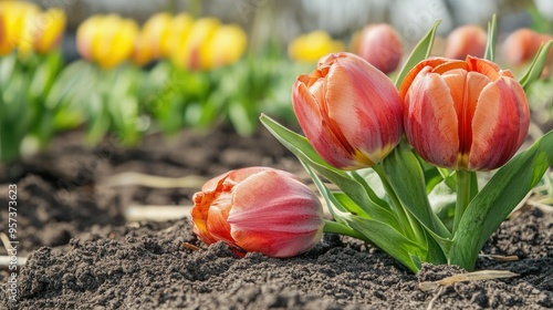 Sprouting tulip bulbs in early spring garden  #957373623