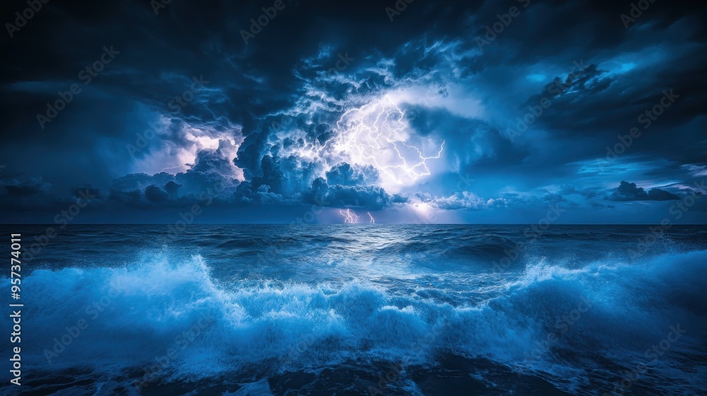 Naklejka premium Powerful storm with lightning over the ocean