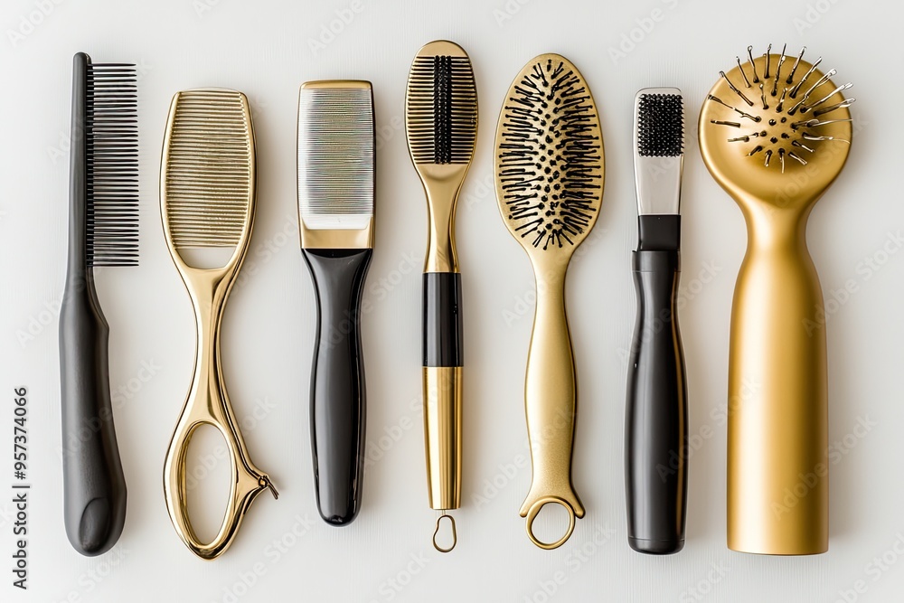 A variety of hair brushes and combs laid out. This photo can be used for hair care or beauty product marketing. A variety of hair brushes and combs laid out. This photo can be used for hair care or beauty product marketing.