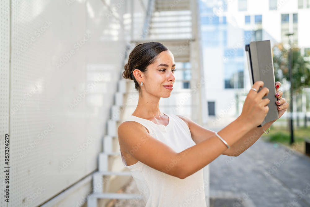 Fototapeta premium Young woman stand in front building and have video call on tablet