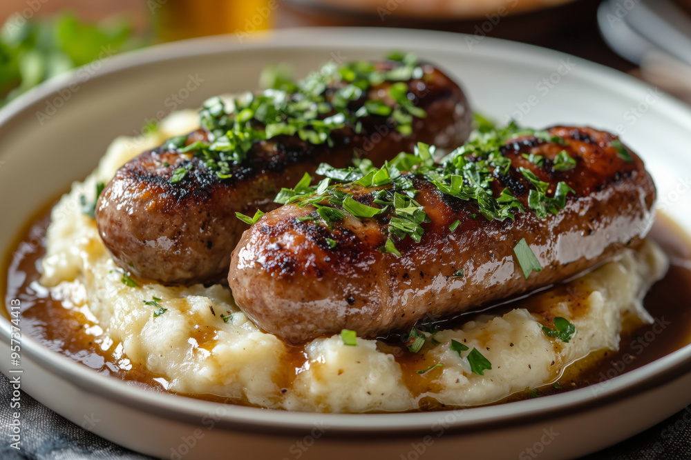 Delicious bangers and mash served in a rustic bowl with rich onion gravy and fresh herbs for a cozy evening meal Delicious bangers and mash served in a rustic bowl with rich onion gravy and fresh herbs for a cozy evening meal