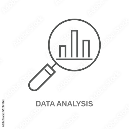 Data analysis is symbolized by a magnifying glass and a bar chart showing key insights