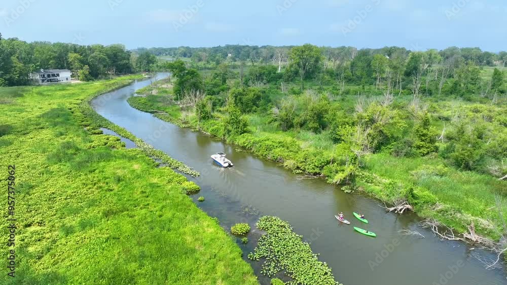 Aerial View of Kayaking on Galien River Fly Over Forward Aerial View of Kayaking on Galien River Fly Over Forward