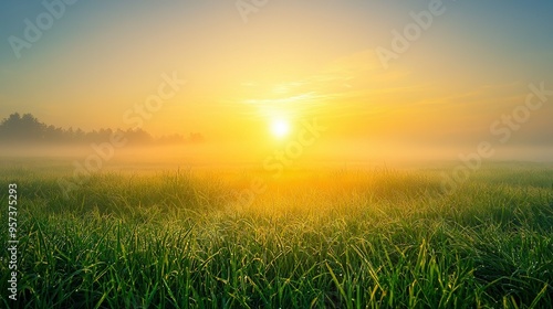  The sun sets over a foggy field with tall grass in the foreground and trees in the background