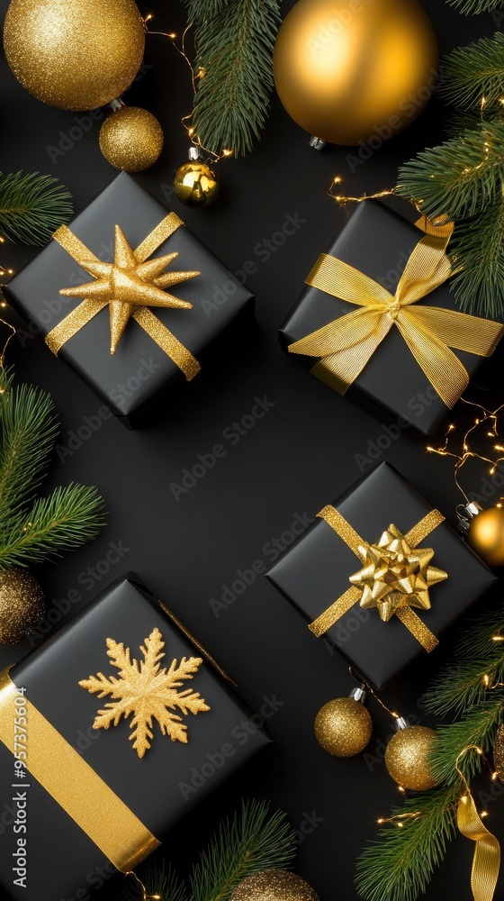 Dark gift boxes are elegantly arranged with gold decorations on a black background, creating a sophisticated atmosphere for Christmas festivities Dark gift boxes are elegantly arranged with gold decorations on a black background, creating a sophisticated atmosphere for Christmas festivities
