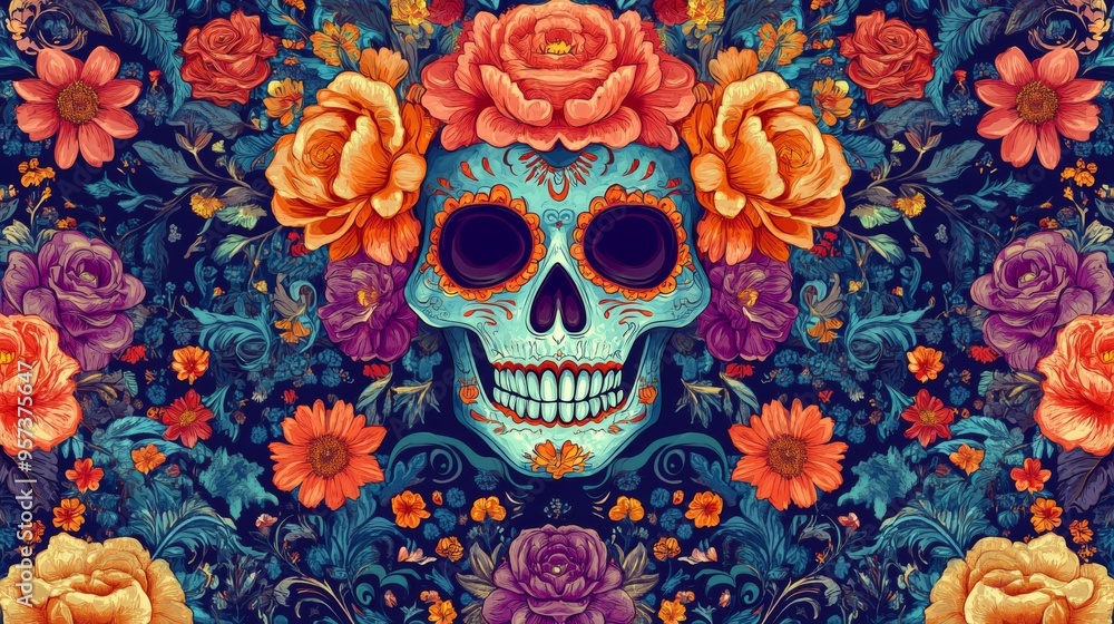 Dia de los Muertos. Mexican sugar skull with letters and ornate decorations. Background graphic. Banner. Card. Pattern. Day Of The Dead. Dia de los Muertos. Mexican sugar skull with letters and ornate decorations. Background graphic. Banner. Card. Pattern. Day Of The Dead.