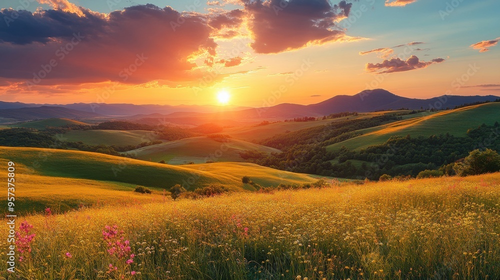 Scenic countryside with rolling hills and a sunset Scenic countryside with rolling hills and a sunset