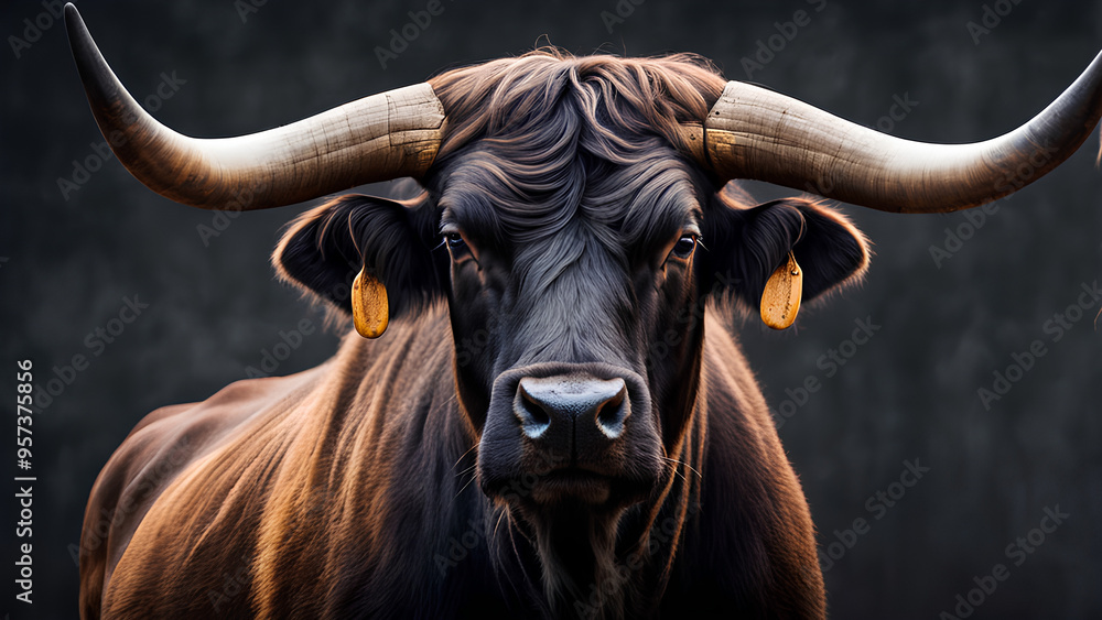 The Ultimate Portrait - Muscular Dark Brown Bull with Long Horns