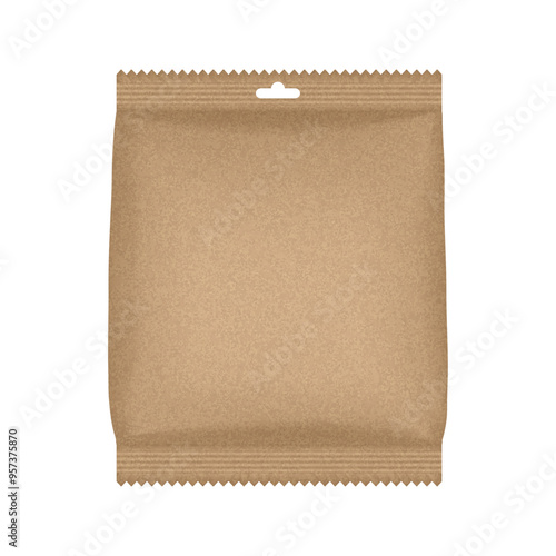 Brown flow pack or pouch with kraft paper texture. Coffee, tea or candy packaging. Eco packaging mockup	