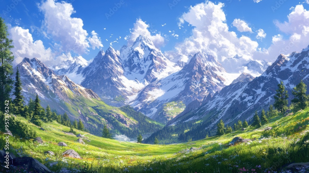 Fototapeta premium Scenic mountain range with snow-capped peaks