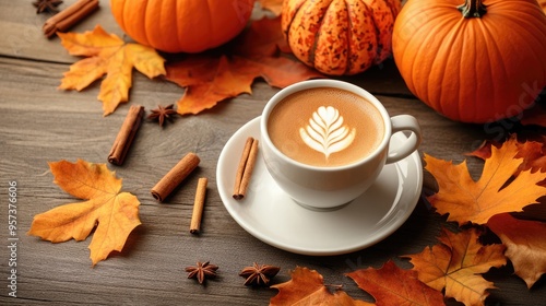 A warm latte sits on an old wooden table surrounded by vibrant autumn leaves, pumpkins, and decorative cinnamon sticks, creating a cozy fall atmosphere