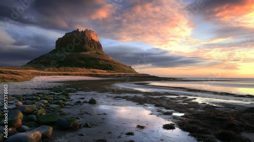 Lindisfarne Castle at Sunset - A breathtaking view of Lindisfarne Castle perched on a hill, captured during a vibrant sunset with dramatic skies and serene coastal surroundings.
