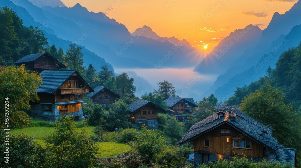 Fototapeta premium Scenic village in the mountains during sunrise