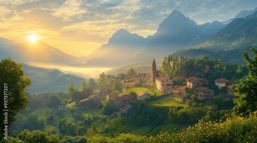 Obraz premium Scenic village in the mountains during sunrise
