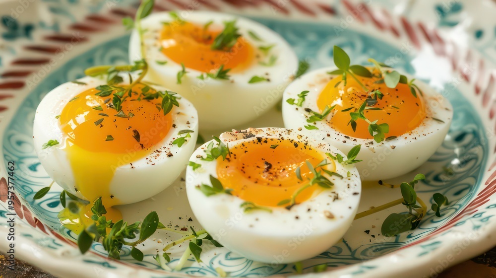 Four soft boiled eggs with fresh herbs, salt and pepper on a decorative plate. Four soft boiled eggs with fresh herbs, salt and pepper on a decorative plate.