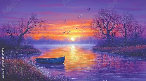   A stunning painting depicts a boat sailing on a serene body of water at dusk, with majestic birds soaring above the tranquil scene photo