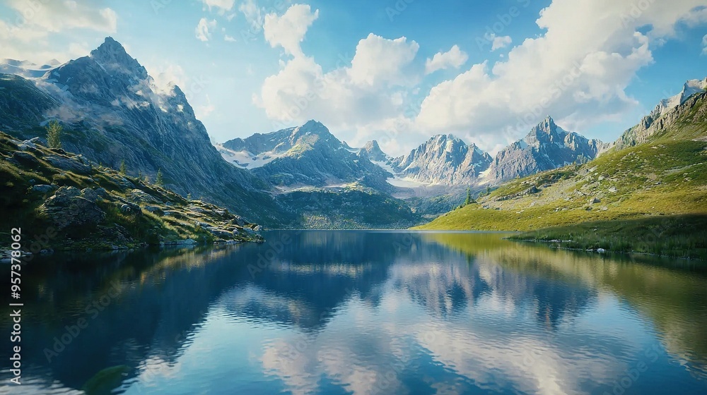 Mountains surround a blue sky above a body of water with white cloud cover Mountains surround a blue sky above a body of water with white cloud cover