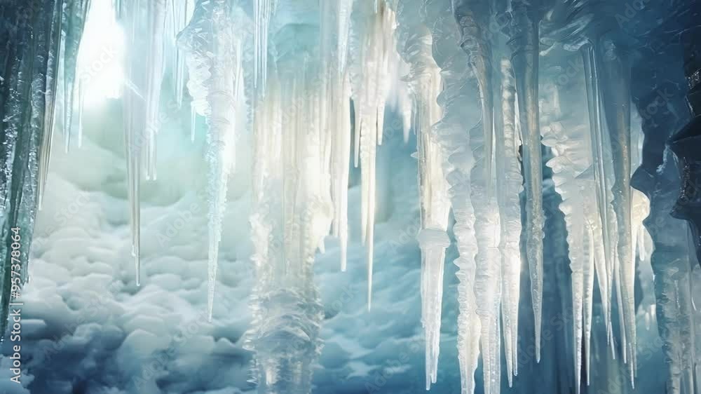 Sunlight gently illuminating large icicles hanging from a rock formation, creating a magical winter scene. Icicles glisten with frosty sheen, enhancing the crystalline texture of the ice Sunlight gently illuminating large icicles hanging from a rock formation, creating a magical winter scene. Icicles glisten with frosty sheen, enhancing the crystalline texture of the ice