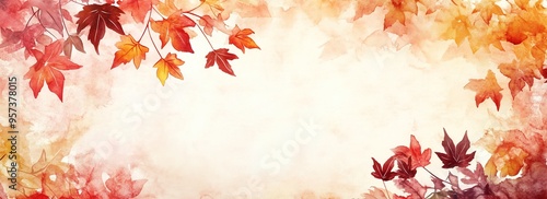 Autumn background watercolor painting, maple leaves in red and yellow, painted fall leaves and floral botanical design elements on border texture