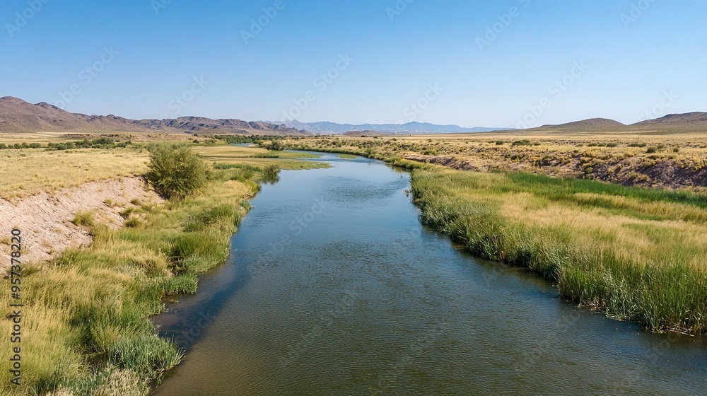 A lush green field surrounds a river that flows towards a dry grass-covered hill The blue sky above provides a stunning contrast to the natural beauty below A lush green field surrounds a river that flows towards a dry grass-covered hill The blue sky above provides a stunning contrast to the natural beauty below