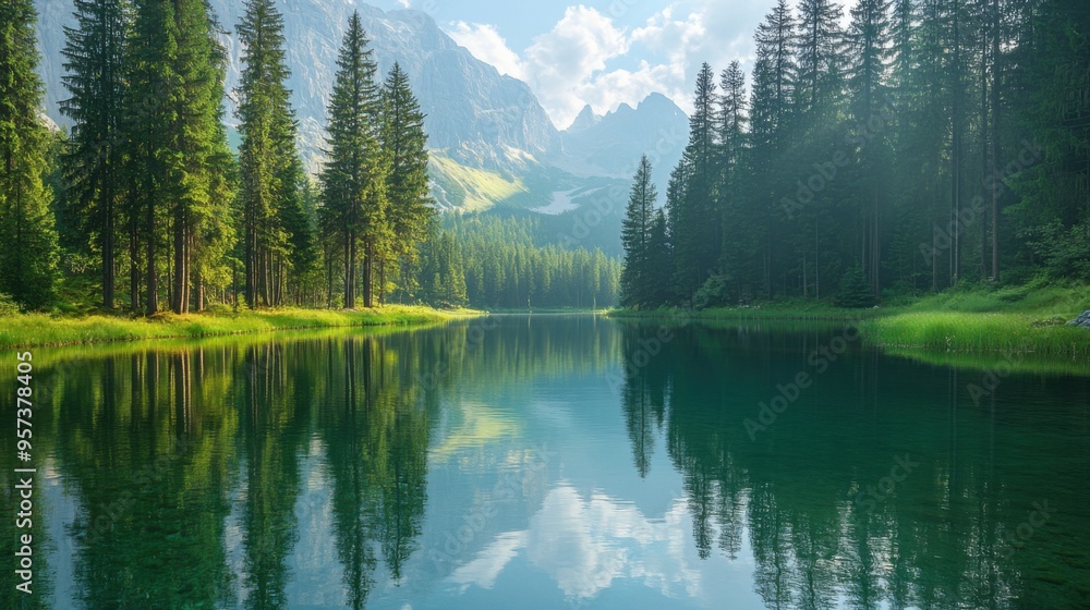 Fototapeta premium Serene lake surrounded by tall trees