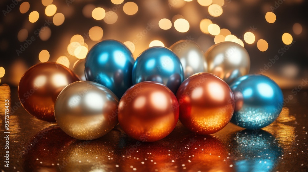 Shiny metallic balloons arranged in a festive pattern on a sparkling gold floor perfect for celebratory occasions Shiny metallic balloons arranged in a festive pattern on a sparkling gold floor perfect for celebratory occasions