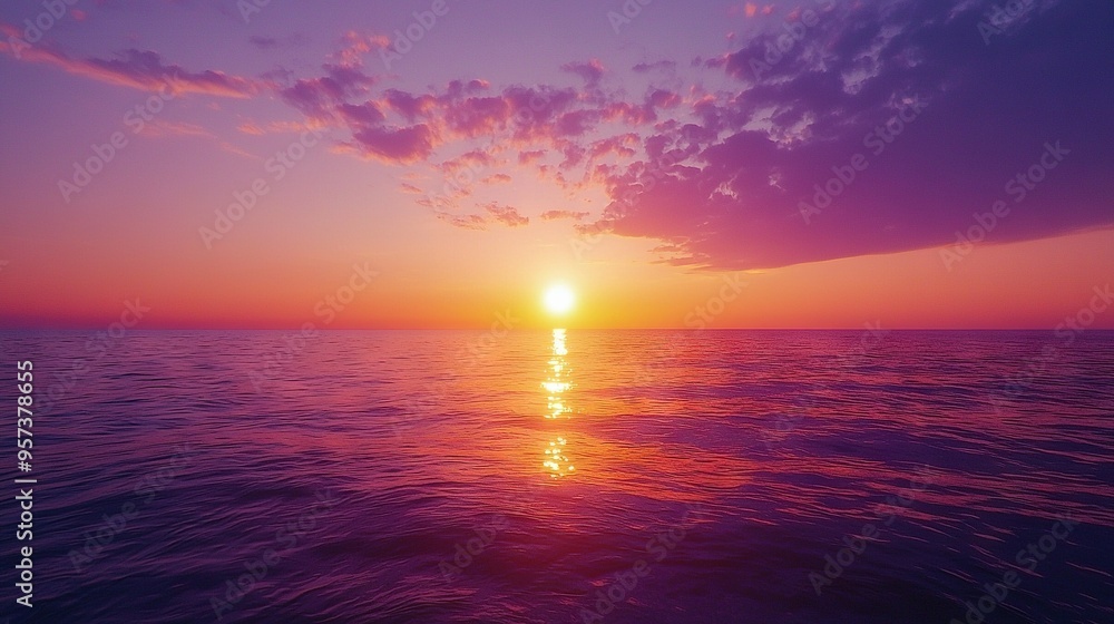 Large body of water with sunset in the center, surrounded by a few clouds above and below Large body of water with sunset in the center, surrounded by a few clouds above and below